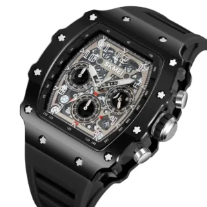 SKMEI 2305 Tonneau Skeleton Dial Chronograph Watch - Black/Black