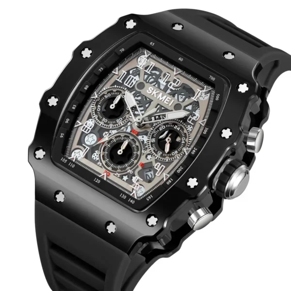 SKMEI 2305 Tonneau Skeleton Dial Chronograph Watch - Black/Black