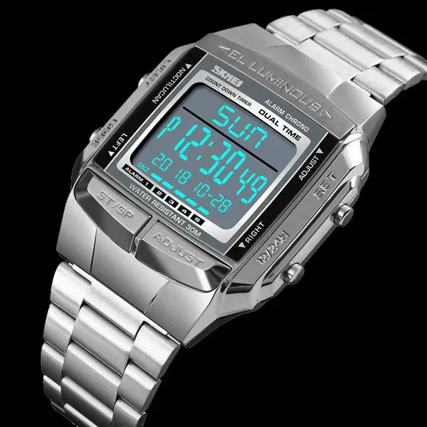 SKMEI 1381 Digital Dual Time Stainless Steel Watch - Silver